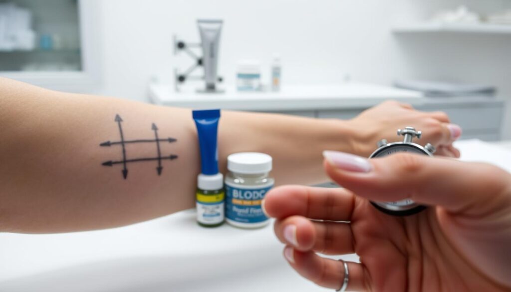 A sterile, clinical setting with a close-up view of a person's arm. The skin is marked with a grid pattern, indicating the area of application for a numbing cream. In the foreground, a hand holds a stopwatch, timing the onset of the numbing effect. In the middle ground, several tubes and jars of different numbing creams are arranged, their labels clearly visible. The background is blurred, but suggests a well-equipped medical or laboratory environment, with clean, white surfaces and minimalist decor. The lighting is bright and even, highlighting the details and textures of the scene. The overall mood is one of scientific inquiry and precision, conveying the importance of evaluating the effectiveness and safety of numbing creams for tattoo procedures.