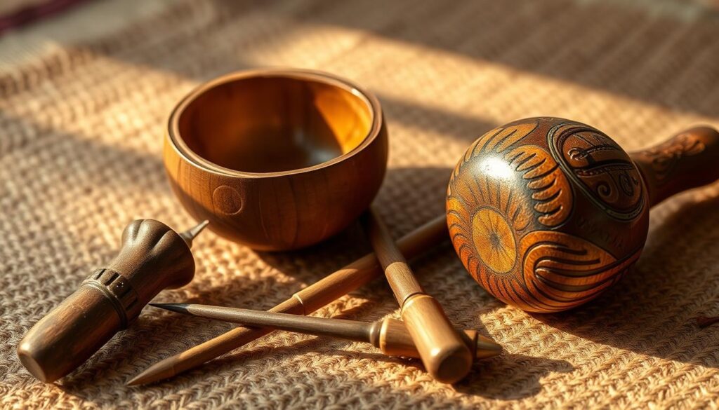 A still life arrangement of traditional Hawaiian tattoo tools, including an ipu (coconut shell bowl), a kākau (tattoo needle), and a wooden mallet, all placed on a textured natural surface like woven kapa cloth. The tools are illuminated by warm, diffused natural light, casting soft shadows and highlighting their intricate carvings and craftsmanship. The overall composition conveys a sense of cultural heritage, reverence, and the meticulous care and skill involved in the Hawaiian tattoo art form.
