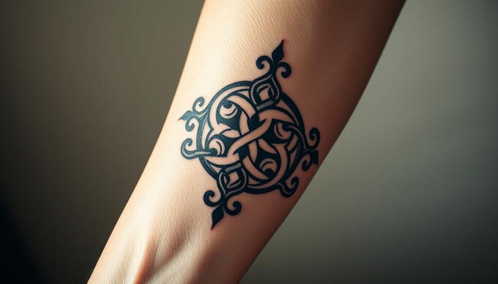 A striking Celtic tattoo design featuring intricate knot patterns and swirling, organic motifs. The tattoo is displayed on the forearm of a person with fair skin, highlighted by soft, directional lighting that casts subtle shadows and emphasizes the depth and texture of the design. The tattoo is the focal point, set against a blurred, neutral background that allows the artwork to stand out prominently. The overall mood is one of cultural pride, personal expression, and the celebration of ancestral heritage. The design conveys a sense of timeless, Celtic warrior spirit.