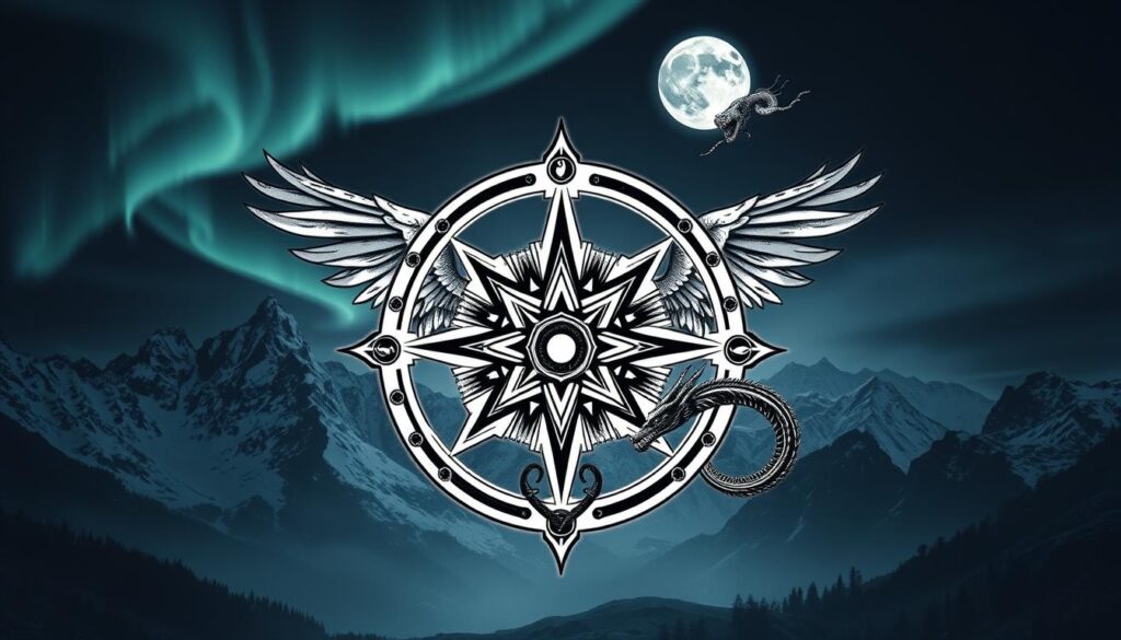 A striking Norse mythology tattoo design, showcasing intricate Viking symbols and iconic elements from the ancient Nordic pantheon. In the foreground, a bold Vegvisir compass-like rune, its eight-armed design radiating with a sense of mystical power. Surrounding it, a mesmerizing blend of Yggdrasil's tree of life, Thor's hammer Mjolnir, and the serpentine Ouroboros. The middle ground features a fierce Valkyrie, her wings spread wide, and the snarling head of a Nordic dragon. In the background, a moody, dimly lit landscape with towering snow-capped mountains, swirling aurora borealis, and a full moon casting an ethereal glow. The entire composition is rendered in a bold, high-contrast style, evoking the rugged and unyielding spirit of Viking culture.
