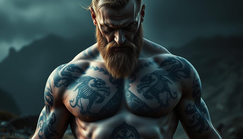 A striking Norse warrior, his muscular frame adorned with intricate tattoos of Viking symbols - fierce runes, ferocious dragons, and the iconic Valknut. The tattoos are etched with bold, dynamic lines, casting dramatic shadows across his skin in a moody, low-key lighting. The background is a shadowy, mist-shrouded landscape, hinting at the warrior's connection to the rugged, untamed wilderness. The overall atmosphere is one of primal power, ancient mysticism, and the indomitable spirit of the Viking warrior.