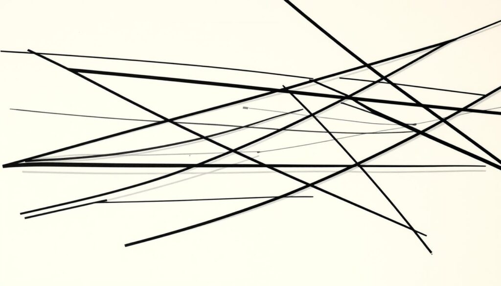 A striking abstract composition featuring a dynamic arrangement of intersecting and overlapping lines in various weights and orientations. The lines are rendered in a minimalist, stylized manner with a focus on simple geometric forms and clean, bold strokes. The lighting creates a sense of depth and dimensionality, casting subtle shadows that accentuate the linear elements. The overall aesthetic is one of modern, contemporary elegance, conveying a sense of artistic expression through the medium of abstract tattoo design. The image has a high-contrast, high-fidelity rendering with a matte finish, showcasing the potential of this style of body art.