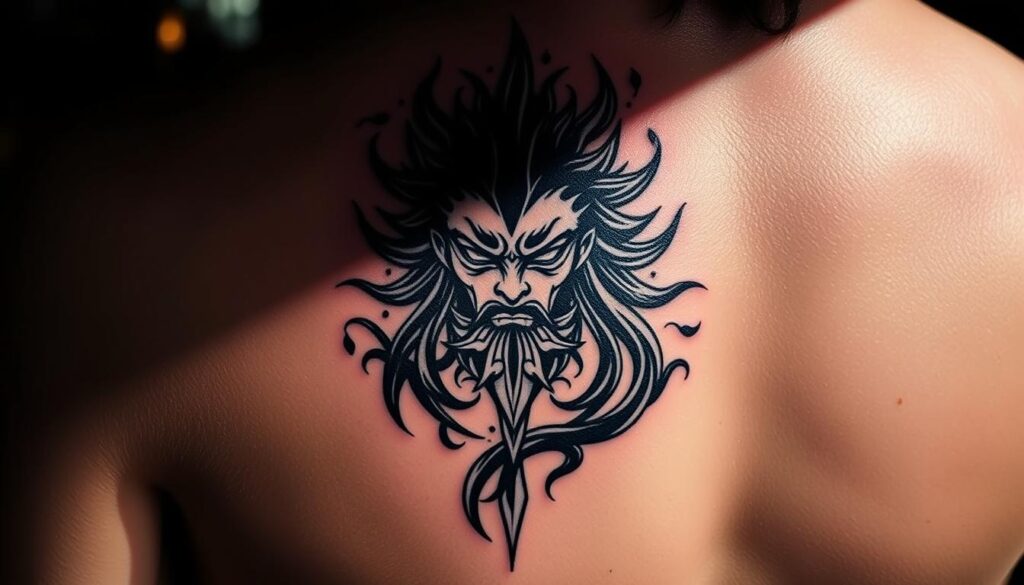 A striking anime-inspired tattoo design, featuring a symbolic motif that captures the essence of the genre. The focal point is a bold, dynamic character design, meticulously rendered with intricate line work and expressive features. The character is set against a backdrop of ethereal, mist-like energy, evoking a sense of otherworldly power and mysticism. The lighting is dramatic, casting deep shadows and highlights that accentuate the tattoo's three-dimensional quality. The overall composition is balanced and visually compelling, inviting the viewer to explore the intricacies of this symbolic anime-inspired body art.