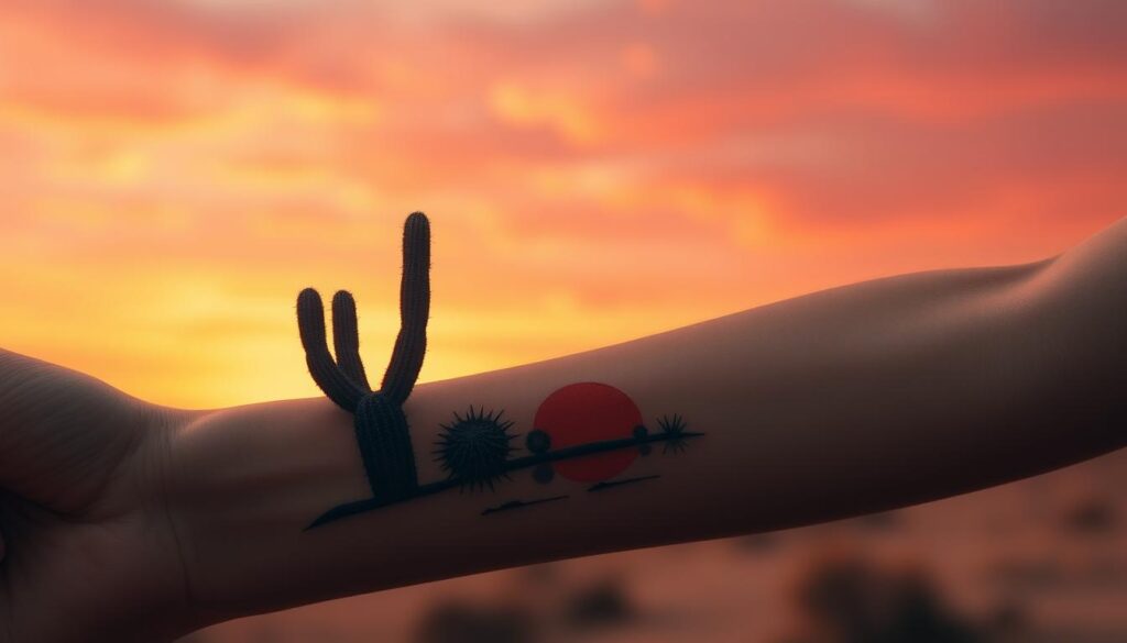 A striking cactus tattoo design against a warm desert sunset. The tattoo features a detailed cactus silhouette with sharp spines, set against an orange and pink sky. The cactus stands tall and proud, its asymmetric branches reaching upwards. Subtle shadows and highlights create depth and dimension, while the scene conveys a sense of rugged, minimalist beauty. The tattoo is placed on the subject's forearm, the skin texture and shading seamlessly blending with the tattoo's linework. A perfect balance of organic form and stylized ink, capturing the allure of cactus-inspired body art.