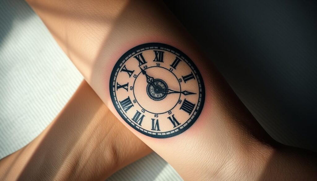 A striking clock tattoo design, featuring a classic analog timepiece with intricate roman numerals and elegant hands. The clock face is rendered in a realistic, photorealistic style, set against a subtly textured skin-like background. The design is positioned on the forearm, with a sense of depth and dimension, as if the clock is embedded into the skin. The lighting is soft and natural, casting gentle shadows that accentuate the contours of the tattoo. The overall mood is one of sophistication and timelessness, capturing the enduring appeal of clock tattoos for the modern man.