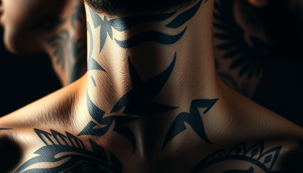 A striking close-up of several bold, intricate neck tattoo designs. The tattoos feature bold, dynamic linework and patterns in shades of black and gray, creating a powerful, masculine aesthetic. The design elements are sharp and angular, conveying a sense of strength and individuality. The lighting is dramatic, casting dramatic shadows and highlights across the skin, emphasizing the depth and texture of the tattoos. The focus is tight, filling the frame with the bold, statement-making tattoo art. The overall mood is one of confident self-expression and a bold personal style.