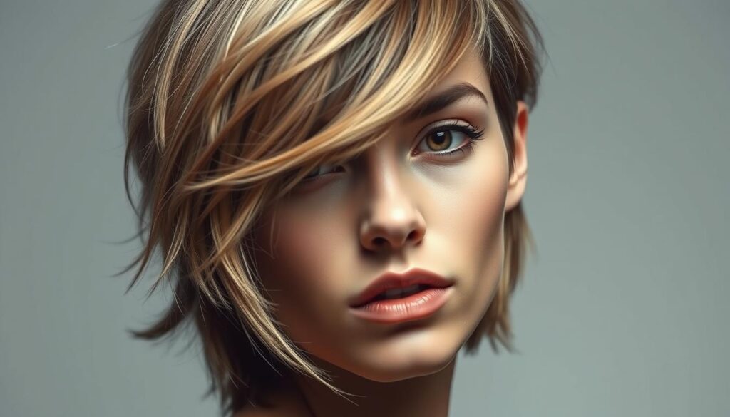 A striking, close-up portrait of a model with a stylish wolf cut hairstyle, showcasing its voluminous, textured layers. The lighting is soft and flattering, highlighting the shine and movement of the hair. The model's gaze is direct and confident, conveying the empowering benefits of this trendy cut. The background is a minimalist, neutral tone that allows the hair to be the central focus. The overall mood is one of effortless, modern elegance, perfectly capturing the appeal of the wolf cut for straight hair.