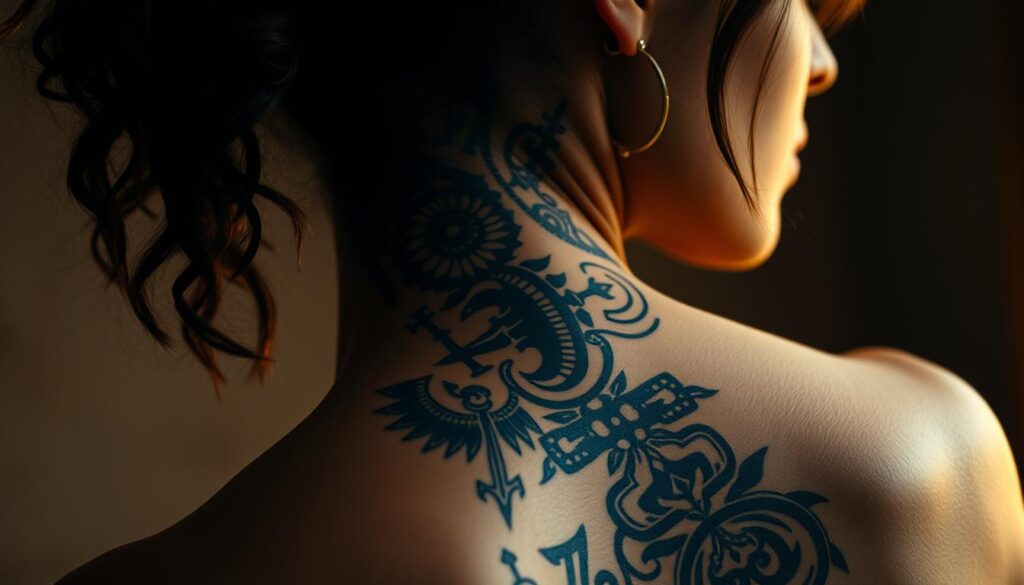 A striking, close-up portrait of a woman's back, featuring a detailed, intricate spine tattoo that interweaves cultural symbols and personal narratives. The tattoo's design is both visually captivating and carries deep symbolic meaning, reflecting the wearer's heritage, beliefs, and life experiences. The image is captured in soft, warm lighting that accentuates the tattoo's rich colors and textures, creating a sense of intimacy and reverence. The woman's pose is relaxed, her head slightly turned, allowing the viewer to fully appreciate the tattoo's composition and significance. The background is softly blurred, keeping the focus solely on the powerful, expressive body art.