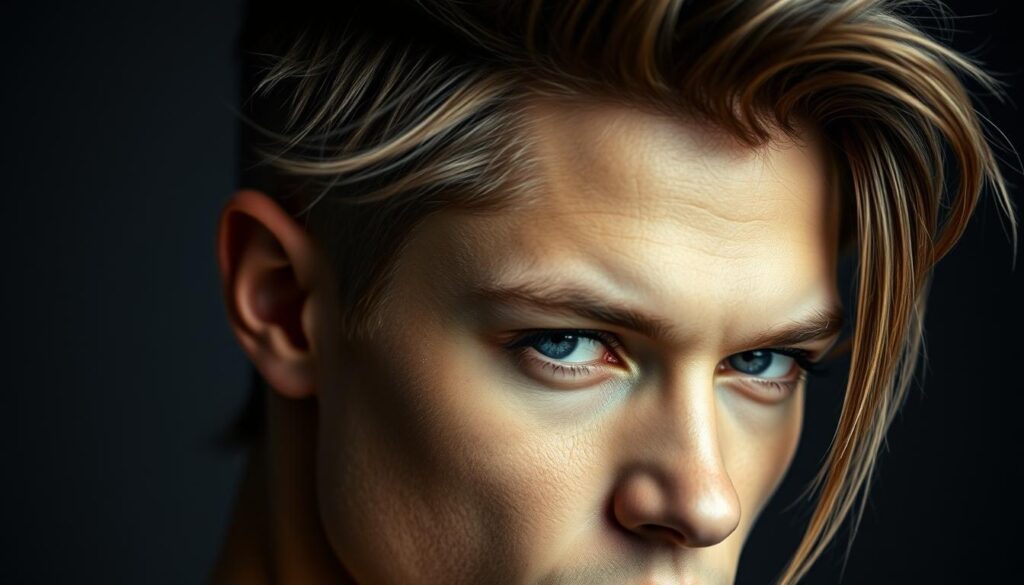 A striking close-up portrait showcasing a captivating choppy layers hairstyle. The hair is meticulously styled with uneven, textured strands that create a dynamic, edgy look. Soft, diffused lighting from the side accentuates the intricate layers, casting subtle shadows that add depth and dimension. The model's gaze is direct and intense, exuding a sense of confident, effortless style. The image is shot with a shallow depth of field, keeping the focus on the distinctive hairstyle and the model's striking features. The overall mood is bold, contemporary, and evocative, perfectly capturing the essence of the "Wolfcut Haircut" and its "Distinctive Style Elements".