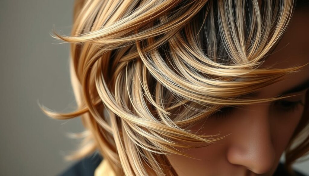 A striking close-up shot of a modern layered hairstyle, showcasing the trendy wolf cut technique for Asian men. The hair cascades in soft, asymmetrical waves, with varying lengths and textures creating depth and movement. Warm, natural lighting illuminates the strands, highlighting the subtle highlights and lowlights that add dimension. The focus is sharply on the hair, with a blurred, minimalist background to emphasize the intricate styling. The overall mood is polished, fashionable, and versatile, capturing the essence of the wolf cut's appeal for Asian men seeking a stylish, contemporary look.