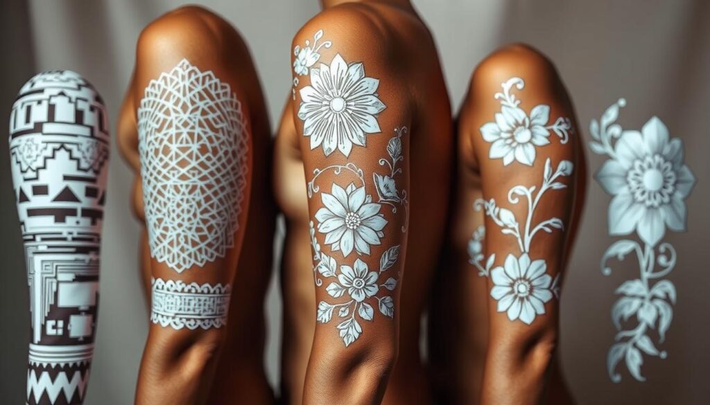 A striking display of intricate bleach tattoo designs, showcased in a visually compelling manner. In the foreground, a collection of bold, abstract patterns and geometric shapes in shades of white and off-white, meticulously etched onto a canvas of tanned skin. The middle ground reveals delicate, floral-inspired motifs, their elegant lines and curves creating a mesmerizing visual rhythm. In the background, a softly blurred, neutral-toned backdrop allows the tattoos to take center stage, their luminous, bleached quality accentuated by subtle, directional lighting from the side. The overall composition exudes a sense of refined artistry and a celebration of the unique, transformative nature of the bleach tattoo technique.