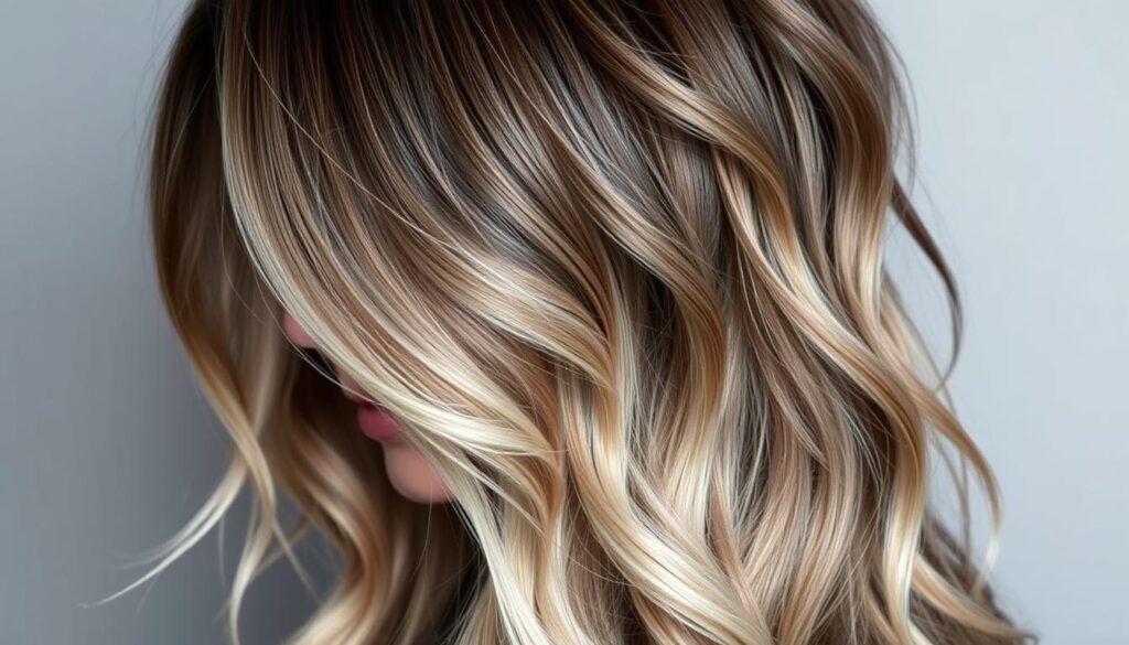 A striking hairstyle featuring blended layers, with a captivating wolf-like silhouette. The hair cascades in soft, flowing waves, seamlessly transitioning from dark roots to lighter, almost ethereal ends. Meticulously styled, with a mesmerizing depth and texture that creates an illusion of depth and movement. Lit by a soft, directional light that accentuates the natural highlights and shadows, lending a sophisticated, editorial-inspired look. Captured at a flattering angle that emphasizes the model's strong, angular features and the alluring, untamed essence of the long hair wolf cut.