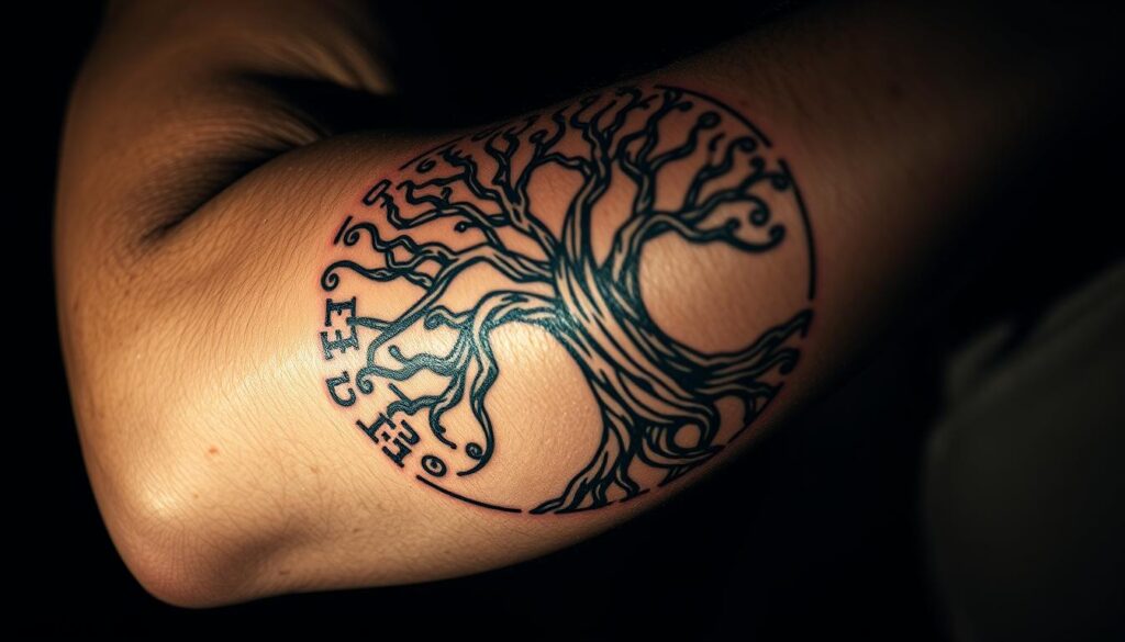 A striking, highly detailed close-up of a Norse mythology-inspired tattoo on a muscular forearm. The tattoo design features a powerful, intricate Yggdrasil tree of life, with intertwined branches and runes etched into the skin. The lighting is dramatic, casting deep shadows to highlight the bold linework and shading. The tattoo is captured at a slight angle, giving a sense of depth and emphasizing the three-dimensional quality of the inked image. The skin texture is rendered with realism, adding tactility to the scene. An aura of ancient, mystical energy permeates the composition, reflecting the enduring allure of Norse mythology as a source of tattoo inspiration.