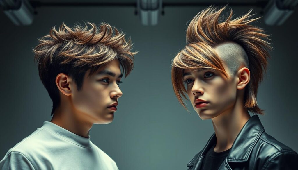 A striking, hyper-realistic comparison of a wolf cut and a mullet hairstyle, captured in a sleek studio setting with dramatic, directional lighting. The wolf cut, with its layered waves and textured fringe, contrasts sharply with the iconic, retro-inspired mullet, featuring a neat, tidy top and a bold, flowing back. The models' expressions convey a sense of confident, youthful style, drawing the viewer's eye to the distinctive features of each haircut. The scene is shot from a slightly elevated angle, creating depth and emphasizing the sculptural, three-dimensional qualities of the hairstyles. The overall mood is one of stylistic exploration and a celebration of individualistic self-expression.