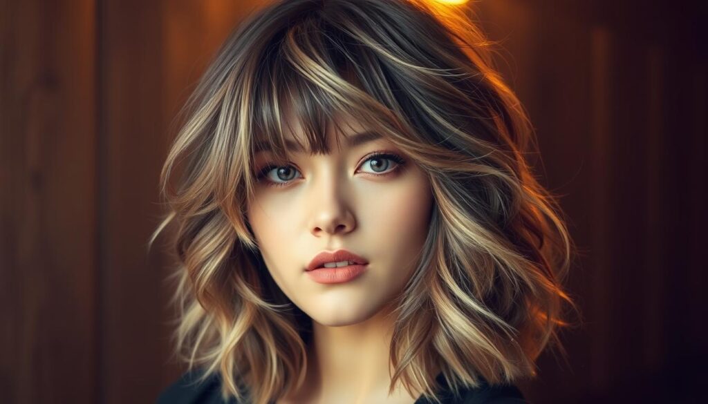 A striking layered wolf cut hairstyle with voluminous texture and wispy bangs, perfectly capturing the essence of the Korean wolf cut trend. The hair cascades in soft, asymmetric waves, framing the face with an edgy, tousled look. Delicate highlights add depth and dimension, while the bangs sweep across the forehead with a touch of effortless style. Lit by warm, directional lighting that casts subtle shadows, highlighting the hairstyle's intricate layers and movement. Captured with a medium-wide lens at a flattering angle to showcase the haircut's key characteristics in a sophisticated, editorial-inspired manner.