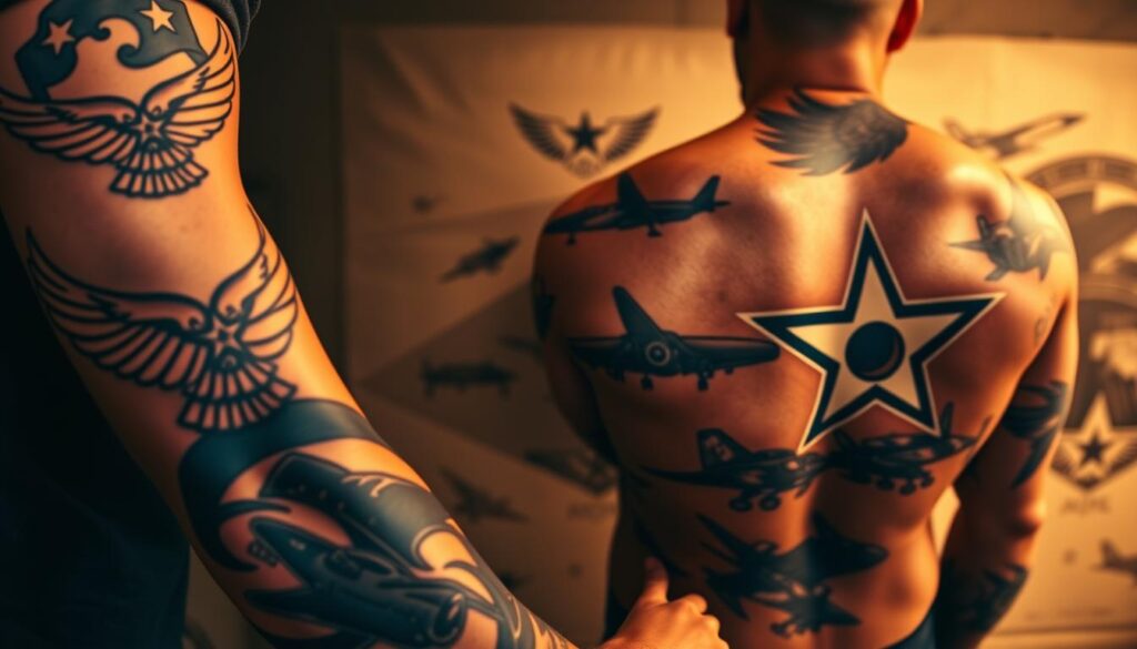 A striking military tattoo evolution, showcasing the rich history and symbolism of Air Force insignia. In the foreground, a sleeve tattoo depicts the iconic wings and stars, meticulously rendered with bold lines and vivid colors. The middle ground features a chest piece showcasing the evolving silhouettes of classic fighter jets, from sleek vintage models to modern, angular designs. In the background, a mural-like tattoo spreads across the back, capturing the evolution of the Air Force emblem, from its early eagle insignia to the modern, geometric star motif. The image is bathed in a warm, golden light, casting a reverent, almost cinematic atmosphere, reflecting the proud tradition and enduring spirit of the Air Force. A striking military tattoo evolution, showcasing the rich history and symbolism of Air Force insignia. In the foreground, a sleeve tattoo depicts the iconic wings and stars, meticulously rendered with bold lines and vivid colors. The middle ground features a chest piece showcasing the evolving silhouettes of classic fighter jets, from sleek vintage models to modern, angular designs. In the background, a mural-like tattoo spreads across the back, capturing the evolution of the Air Force emblem, from its early eagle insignia to the modern, geometric star motif. The image is bathed in a warm, golden light, casting a reverent, almost cinematic atmosphere, reflecting the proud tradition and enduring spirit of the Air Force.
