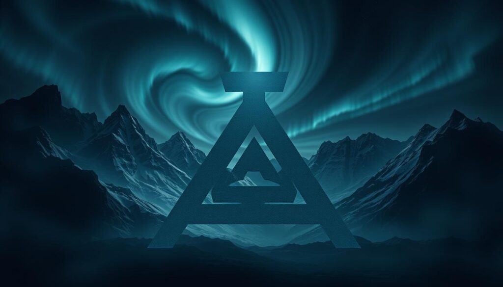 A striking, minimalist illustration of Norse mythology symbols against a moody, atmospheric backdrop. In the foreground, a bold, stylized Valknut symbol - three interlocked triangles, a powerful representation of the afterlife and the soul's journey. In the middle ground, the majestic, angular shapes of the Mjolnir hammer and the Yggdrasil tree, symbols of Thor's might and the interconnectedness of the Nine Realms. In the background, a dramatic, ethereal landscape of jagged, snow-capped mountains and swirling northern lights, evocative of the harsh, mystical Nordic setting. The lighting is dramatic, with deep shadows and highlights that accentuate the geometric, monumental nature of the symbols. The overall mood is one of ancient, primal power and timeless, elemental wonder.