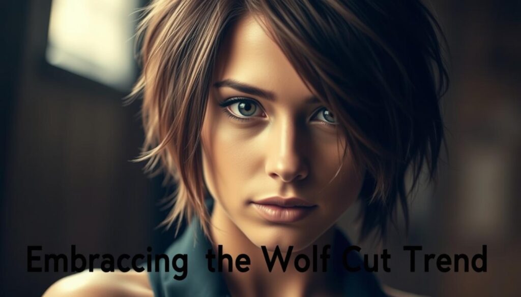 A striking portrait of a woman with the iconic wolf cut hairstyle. In the foreground, her tousled layers frame her face, capturing the effortless elegance of this chic style. The lighting is soft and diffused, creating a warm, intimate atmosphere. The background is blurred, drawing the viewer's attention to the subject's captivating gaze and confident expression. Subtle highlights and shadows accentuate the texture and volume of the wolf cut, conveying the allure and confidence of this transformative hairstyle. The image evokes a sense of empowerment and individuality, embodying the essence of the "Embracing the Short Wolf Cut Trend" section.