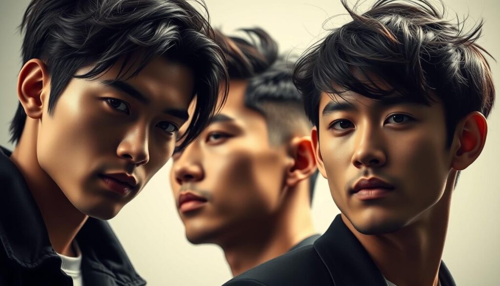 A striking portrait of three Asian men showcasing the trendy wolf cut hairstyle. The men are positioned in the foreground, their layered locks cascading with effortless movement and texture. Soft, directional lighting illuminates their features, casting subtle shadows and highlights that accentuate the dynamic, tousled styling. The background is softly blurred, allowing the focus to remain on the men's captivating, fashion-forward looks. An air of confidence and modern sophistication permeates the scene, perfectly capturing the appeal of the wolf cut for the Asian male aesthetic.