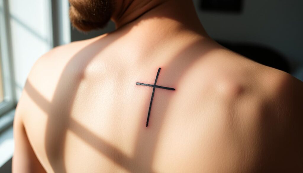 A striking tattoo design inspired by biblical imagery, featuring a modern, minimalist interpretation of a cross or other religious symbols. The tattoo is prominently displayed on the subject's skin, with a soft, muted color palette and delicate linework creating a sense of reverence and introspection. The lighting is natural and diffused, casting gentle shadows that accentuate the contours of the tattoo. The background is blurred, placing the focus solely on the tattoo and the personal, contemplative nature of the subject's relationship with their faith.