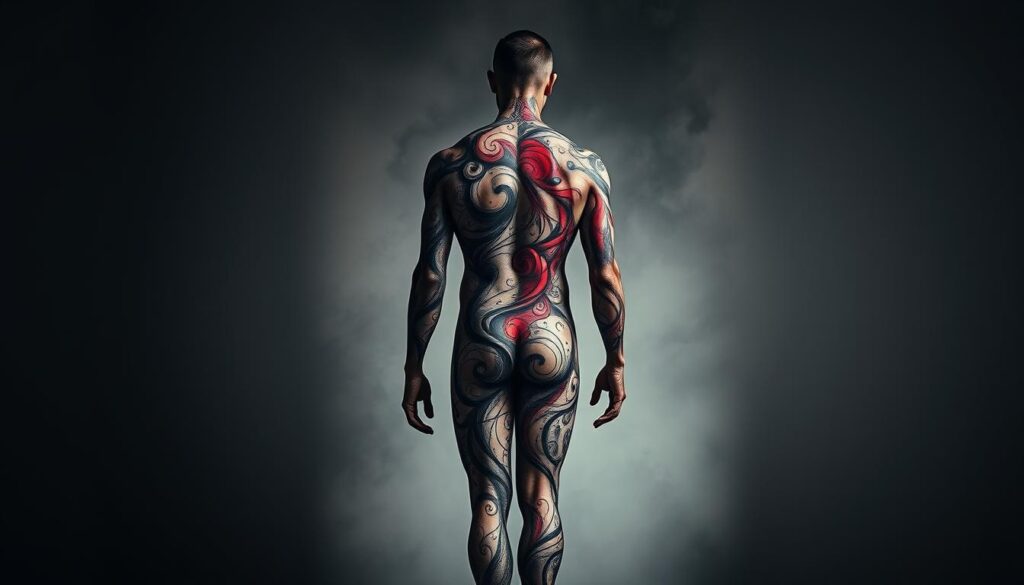 A striking tattoo design that captures the essence of self-expression and art. A detailed ink illustration of a human figure, their skin a canvas for a vibrant, abstract pattern that swirls and flows, mirroring the dynamism of the human spirit. The figure stands against a muted, atmospheric background, the lighting casting dramatic shadows that accentuate the intricate linework and bold colors of the tattoo design. The overall composition conveys a sense of personal empowerment, individuality, and the transformative power of body art as a form of creative, visual storytelling.