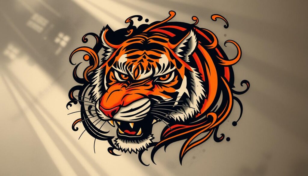 A striking tiger tattoo design with bold lines and vibrant colors. The fierce predator's face dominates the foreground, its piercing eyes and sharp fangs conveying power and intensity. The tiger's body curves gracefully, its striped fur rendered in shades of orange, black, and white. In the middle ground, intricate tribal patterns and swirling elements create a dynamic, layered composition. The background features a shadowy, moody atmosphere with subtle lighting, lending an air of mystery and depth to the overall design. Captured with a high-resolution lens, this tattoo art showcases the tiger's majestic and symbolic presence.