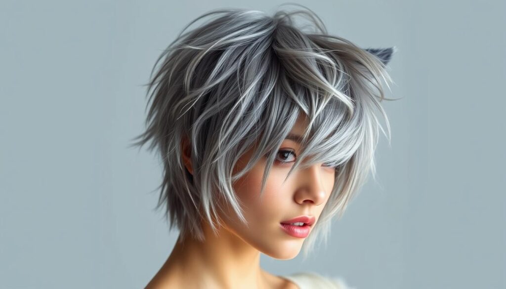 A striking wolf-inspired hairstyle takes center stage in a sleek, minimalist setting. The model's face is framed by cascading layers of tousled, textured hair in a cool-toned silver-grey hue, capturing the essence of the wolf cut trend. Soft, directional lighting accentuates the dynamic silhouette, casting dramatic shadows and highlights that enhance the cut's bold, modern appeal. The background is a simple, muted color palette, allowing the hairstyle to be the sole focus, conveying a sense of effortless sophistication and the transformative power of this captivating 2024 trend.
