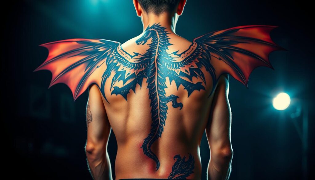 A stunning, highly detailed back tattoo design occupying the full expanse of the subject's back. The tattoo features a majestic mythical creature - perhaps a dragon or a phoenix - its wings spread wide, talons extended, rendered in a striking, photorealistic style with a focus on intricate linework, bold shading, and vibrant, saturated colors. The lighting is dramatic, with a chiaroscuro effect casting deep shadows that accentuate the musculature and contours of the back. The camera angle is slightly elevated, capturing the full breadth of the tattoo design in sharp focus, while the background is softly blurred, keeping the attention firmly on the captivating artwork.