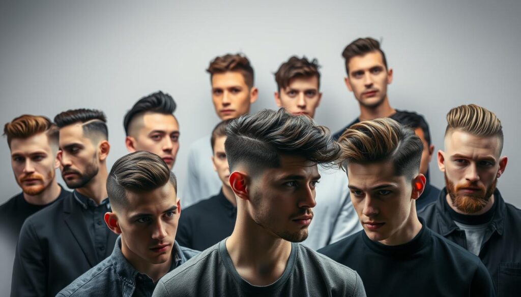 A stylish and modern assortment of popular men's haircuts, showcased in a well-lit studio setting. In the foreground, a diverse array of on-trend hairstyles, including a neat side-part, a textured pompadour, a sleek undercut, and a classic crew cut. The middle ground features additional hairstyles such as a messy quiff, a wavy lob, and a sharp fade. The background is a simple, neutral backdrop, allowing the haircuts to take center stage. The lighting is soft and flattering, emphasizing the nuanced textures and dimensions of each hairstyle. The overall mood is stylish, aspirational, and reflective of current men's grooming trends. A stylish and modern assortment of popular men's haircuts, showcased in a well-lit studio setting. In the foreground, a diverse array of on-trend hairstyles, including a neat side-part, a textured pompadour, a sleek undercut, and a classic crew cut. The middle ground features additional hairstyles such as a messy quiff, a wavy lob, and a sharp fade. The background is a simple, neutral backdrop, allowing the haircuts to take center stage. The lighting is soft and flattering, emphasizing the nuanced textures and dimensions of each hairstyle. The overall mood is stylish, aspirational, and reflective of current men's grooming trends.