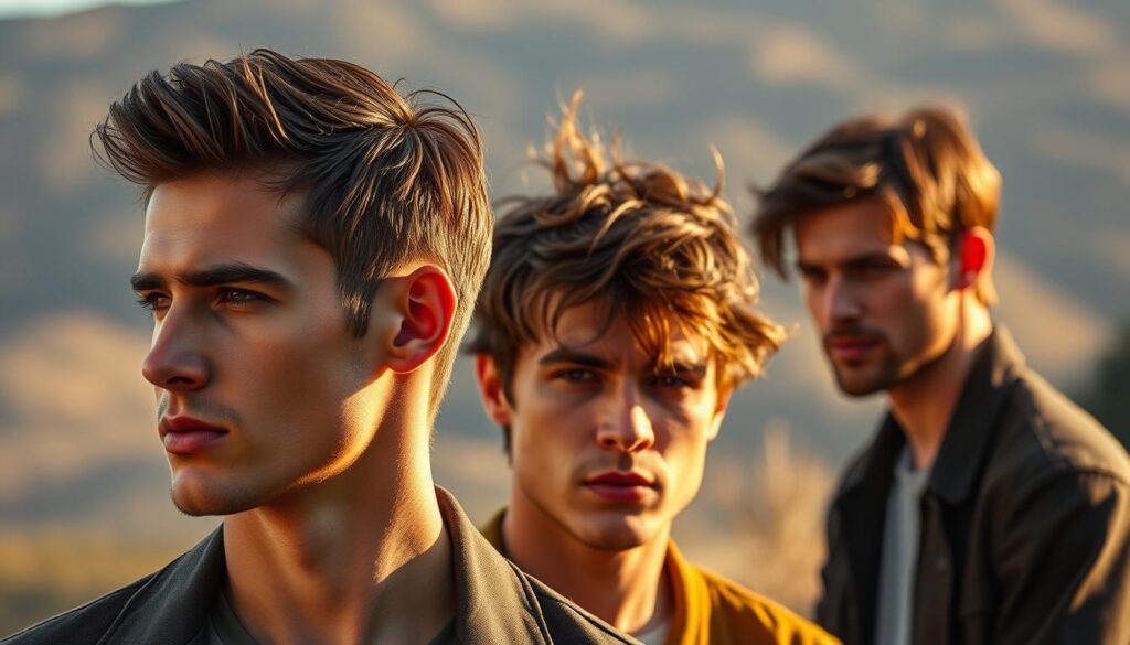 A stylish and versatile collection of men's seasonal hairstyles against a warm, natural backdrop. In the foreground, a model showcases a sleek, short-cropped style with subtle texture, complemented by a crisp, clean-shaven look. In the middle ground, another model displays a tousled, messy-chic medium length haircut, conveying a carefree, effortless vibe. Finally, in the background, a model sports a longer, textured style with subtle highlights, evoking the change of seasons. Soft, diffused lighting accentuates the natural shine and movement of the hair, creating an inviting, atmospheric setting that captures the essence of seasonal hair trends. A stylish and versatile collection of men's seasonal hairstyles against a warm, natural backdrop. In the foreground, a model showcases a sleek, short-cropped style with subtle texture, complemented by a crisp, clean-shaven look. In the middle ground, another model displays a tousled, messy-chic medium length haircut, conveying a carefree, effortless vibe. Finally, in the background, a model sports a longer, textured style with subtle highlights, evoking the change of seasons. Soft, diffused lighting accentuates the natural shine and movement of the hair, creating an inviting, atmospheric setting that captures the essence of seasonal hair trends.