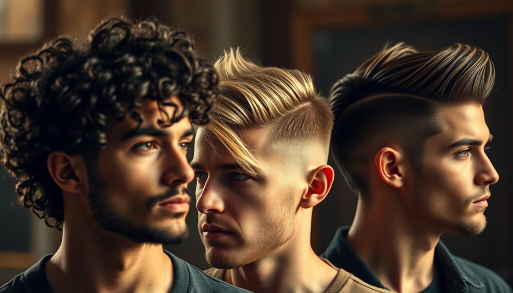 A stylish arrangement of diverse wolf cut hairstyles, showcasing the iconic variations of this trendy men's look. In the foreground, a tight, curly wolf cut with dramatic volume and definition. In the middle ground, a shaggy, textured wolf cut with soft waves cascading over the forehead. In the background, a sleek, disconnected wolf cut with sharp, angular lines. Captured in a warm, cinematic lighting that highlights the depth and movement of the hair. Shoot with a wide-angle lens to emphasize the dynamic interplay of these captivating wolf cut styles.