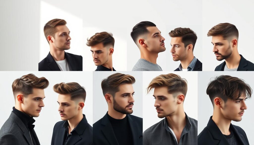 A stylish assortment of fresh spring hairstyles for men, captured in a clean, well-lit studio setting. Eight distinct looks ranging from classic short cuts to modern textured styles, showcased against a simple white backdrop with soft, directional lighting from the left. Each hairstyle is meticulously styled, with attention to volume, shape, and flow. The overall mood is refined, contemporary, and aspirational, inviting the viewer to envision themselves sporting these trendy, seasonal haircuts.