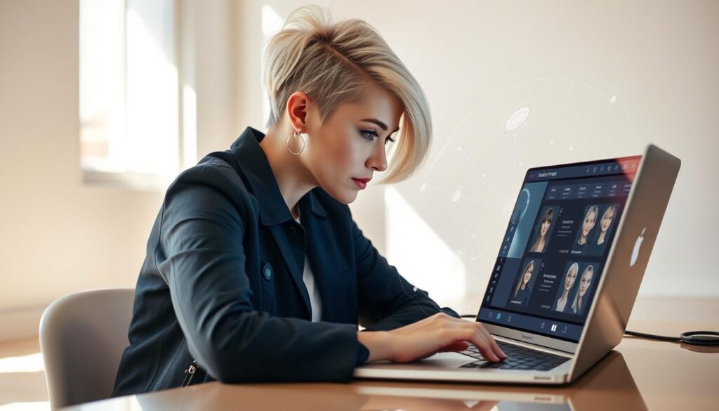 A stylish blonde woman with a wolf cut hairstyle sits in front of a laptop, intently studying personalized hairstyle settings on the screen. The bright, airy studio is filled with natural light, casting a warm glow on her features. Intricate digital overlays dance across the laptop's display, showcasing a range of customizable options for her unique look. The woman's expression is one of focused concentration, as she experiments with innovative styling techniques powered by cookie data and personalized settings. The scene exudes an air of modern sophistication, reflecting the article's theme of unleashing the allure of the blonde wolf cut through technology-driven personalization.