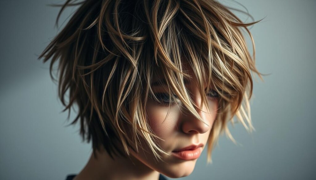 A stylish, choppy layered hairstyle with voluminous texture and an undone, windswept appearance. The hair is medium-length, with uneven, razor-cut layers that create a dynamic, modern silhouette. Soft, muted lighting from the side casts dramatic shadows, emphasizing the depth and movement of the hairstyle. The focus is on the intricate, layered structure of the hair, captured in a tight, close-up composition that fills the frame. The overall mood is trendy, effortless, and youthful, perfectly capturing the appeal of the current wolf cut hairstyle.