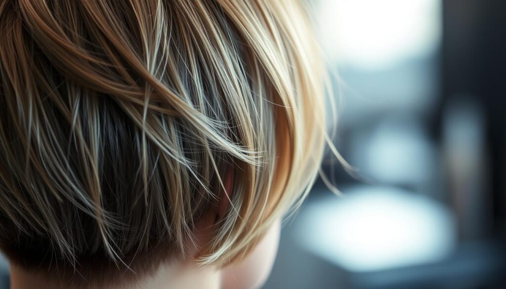 A stylish close-up shot of a person's head showcasing the intricate layers and texture of a wolf cut hairstyle. The lighting is soft and diffused, highlighting the subtle gradients and volume of the hair. The focus is crisp, drawing attention to the carefully sculpted strands and wispy ends. The background is blurred, keeping the hairstyle as the central point of interest. The overall mood is one of effortless elegance and modern sophistication, reflecting the artistry and technique required to achieve the perfect wolf cut straight hair look.