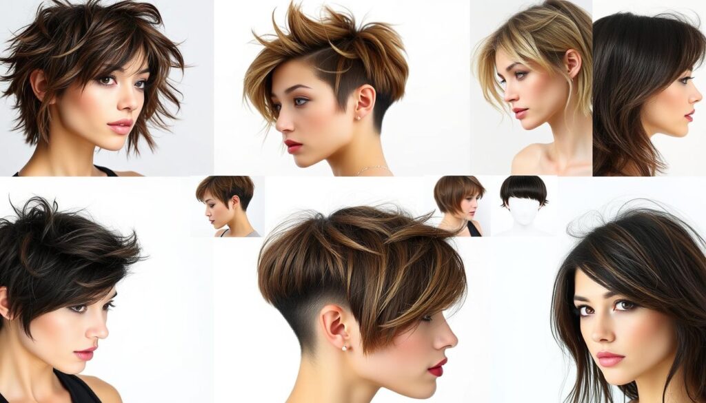 A stylish collage of diverse wolf cut hairstyles, showcasing the versatility and appeal of this trendy look. The foreground features a range of models with textured, voluminous layers, complemented by soft, natural lighting that accentuates the dimensional cuts. In the middle ground, additional close-up shots capture the smooth transitions and wispy, face-framing strands that define the wolf cut aesthetic. The background maintains a minimalist, clean setting, allowing the hairstyles to take center stage and inspire viewers with their effortless, modern appeal.