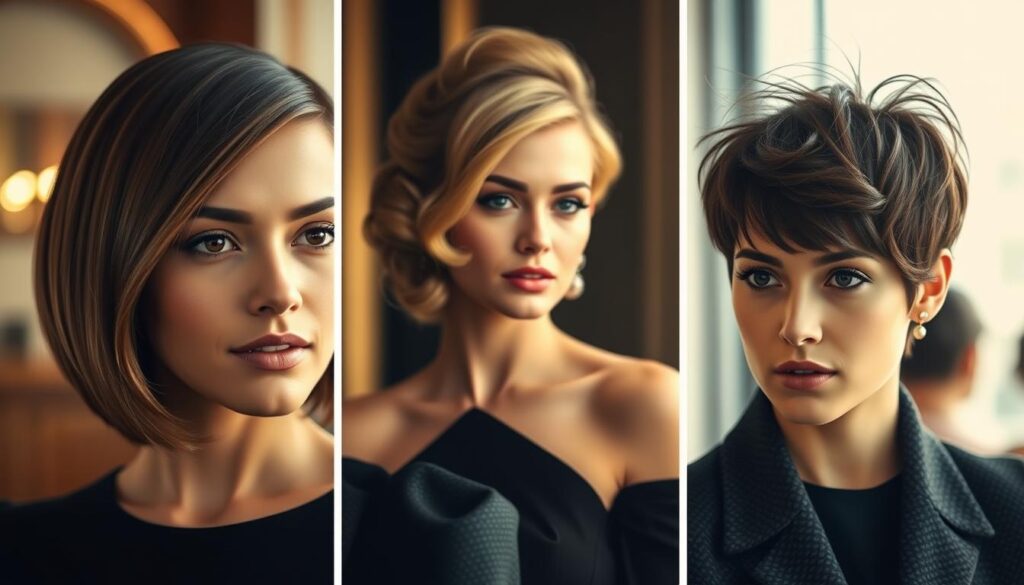 A stylish collage of stunning celebrity hairstyles that flatter round face shapes. In the foreground, a close-up of a sleek, side-parted bob with soft, face-framing layers. In the middle ground, a glamorous, volumized updo with wispy bangs. In the background, a chic, textured pixie cut with an effortless, tousled look. Warm, diffused lighting casts a flattering glow, highlighting the models' flawless features. Crisp, high-resolution detail captures the nuances of each hairstyle. The overall mood is one of elegance, sophistication, and inspiration for those with round face shapes. A stylish collage of stunning celebrity hairstyles that flatter round face shapes. In the foreground, a close-up of a sleek, side-parted bob with soft, face-framing layers. In the middle ground, a glamorous, volumized updo with wispy bangs. In the background, a chic, textured pixie cut with an effortless, tousled look. Warm, diffused lighting casts a flattering glow, highlighting the models' flawless features. Crisp, high-resolution detail captures the nuances of each hairstyle. The overall mood is one of elegance, sophistication, and inspiration for those with round face shapes.