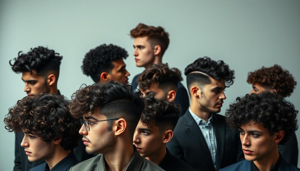 A stylish collection of popular curly haircuts for men, showcased in a sleek, high-quality studio setting. The foreground features a diverse array of models with expertly styled, lush curly locks, capturing a range of lengths, textures, and styling techniques. The middle ground highlights the intricate details of the haircuts, with a focus on volume, definition, and healthy shine. The background maintains a minimalist, neutral tone, allowing the hairstyles to take center stage. Subtle, directional lighting from the side and above accentuates the natural curves and movements of the hair, creating a sense of depth and dimension. The overall mood is one of refined sophistication, highlighting the versatility and appeal of curly hairstyles for the modern man. A stylish collection of popular curly haircuts for men, showcased in a sleek, high-quality studio setting. The foreground features a diverse array of models with expertly styled, lush curly locks, capturing a range of lengths, textures, and styling techniques. The middle ground highlights the intricate details of the haircuts, with a focus on volume, definition, and healthy shine. The background maintains a minimalist, neutral tone, allowing the hairstyles to take center stage. Subtle, directional lighting from the side and above accentuates the natural curves and movements of the hair, creating a sense of depth and dimension. The overall mood is one of refined sophistication, highlighting the versatility and appeal of curly hairstyles for the modern man.