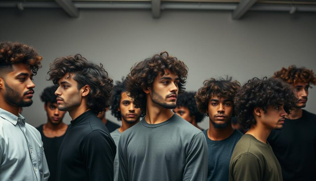A stylish collection of trendy curly haircuts for men, showcased in a well-lit studio setting. The foreground features a diverse array of models with voluminous, lively curls in various lengths and styles, captured at a slight angle to highlight their natural texture and movement. The middle ground showcases a clean, minimalist background with muted tones, allowing the subjects to take center stage. Subtle, directional lighting casts soft shadows, accentuating the defined curls and creating a sense of depth and dimension. The overall mood is one of modern sophistication, celebrating the beauty and versatility of curly hair for the stylish, contemporary man. A stylish collection of trendy curly haircuts for men, showcased in a well-lit studio setting. The foreground features a diverse array of models with voluminous, lively curls in various lengths and styles, captured at a slight angle to highlight their natural texture and movement. The middle ground showcases a clean, minimalist background with muted tones, allowing the subjects to take center stage. Subtle, directional lighting casts soft shadows, accentuating the defined curls and creating a sense of depth and dimension. The overall mood is one of modern sophistication, celebrating the beauty and versatility of curly hair for the stylish, contemporary man.