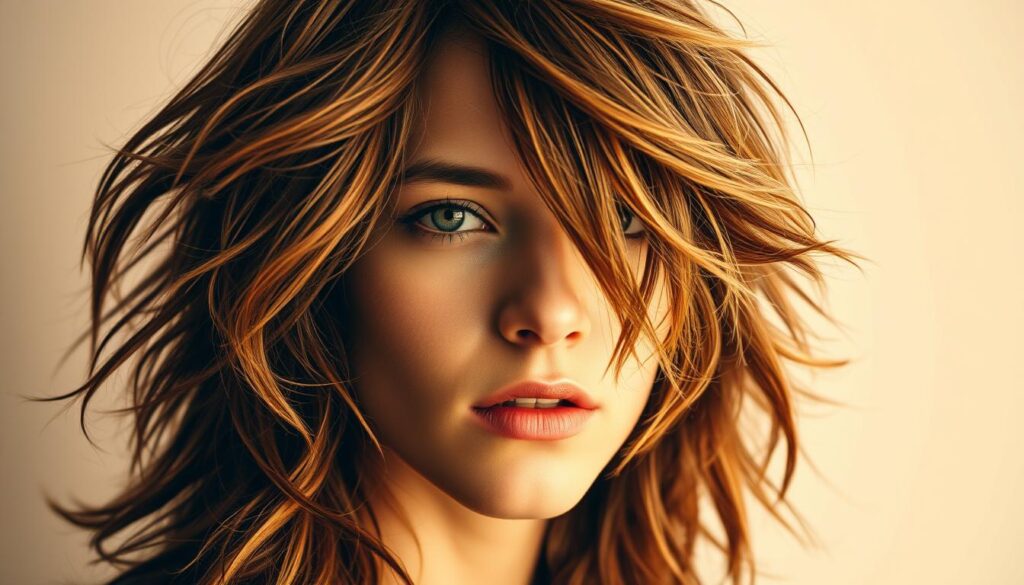 A stylish fusion of shag and mullet hairstyles, captured in a high-resolution portrait. In the foreground, cascading layers of tousled, wavy locks frame the subject's face, creating a dynamic, textured look. The middle ground showcases the elongated, tapered silhouette of the mullet, with subtle gradients blending the shorter front sections into the longer, wispy back. Warm, directional lighting accentuates the volume and movement of the hair, casting soft shadows and highlights that lend depth and dimension. The background is softly blurred, allowing the subject's striking hairstyle to take center stage in a timeless, yet contemporary aesthetic.