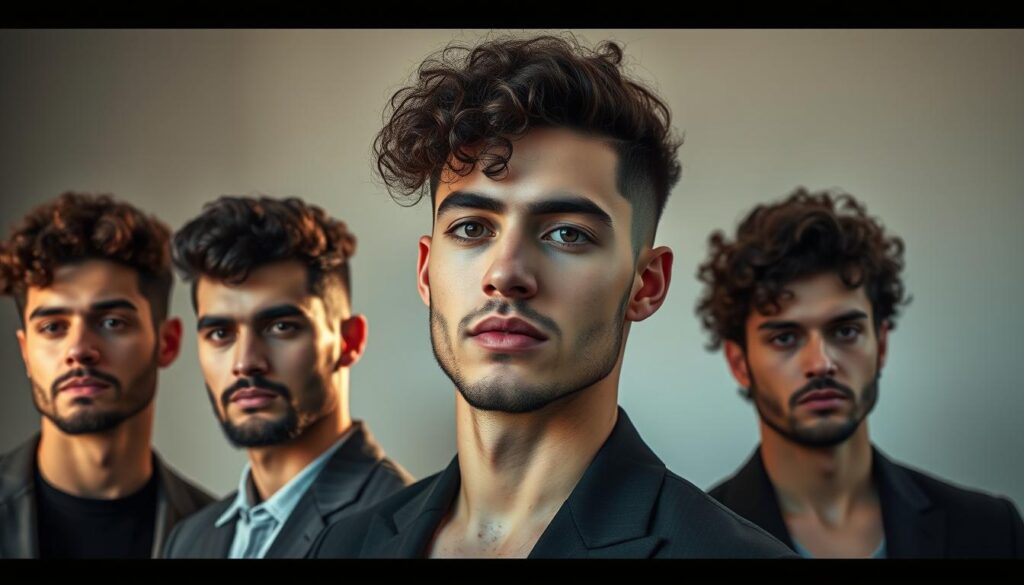 A stylish group of men with distinct curly hairstyles, showcasing a variety of face shapes and textures. Soft, directional lighting illuminates their features, casting subtle shadows that accentuate the voluminous, sculpted curls. The men are positioned in a minimalist, modern setting with clean lines and muted tones, allowing their hair to take center stage. The image captures the versatility and elegance of curly hairstyles, inspiring viewers to embrace their natural texture and find the perfect cut for their face shape. A stylish group of men with distinct curly hairstyles, showcasing a variety of face shapes and textures. Soft, directional lighting illuminates their features, casting subtle shadows that accentuate the voluminous, sculpted curls. The men are positioned in a minimalist, modern setting with clean lines and muted tones, allowing their hair to take center stage. The image captures the versatility and elegance of curly hairstyles, inspiring viewers to embrace their natural texture and find the perfect cut for their face shape.