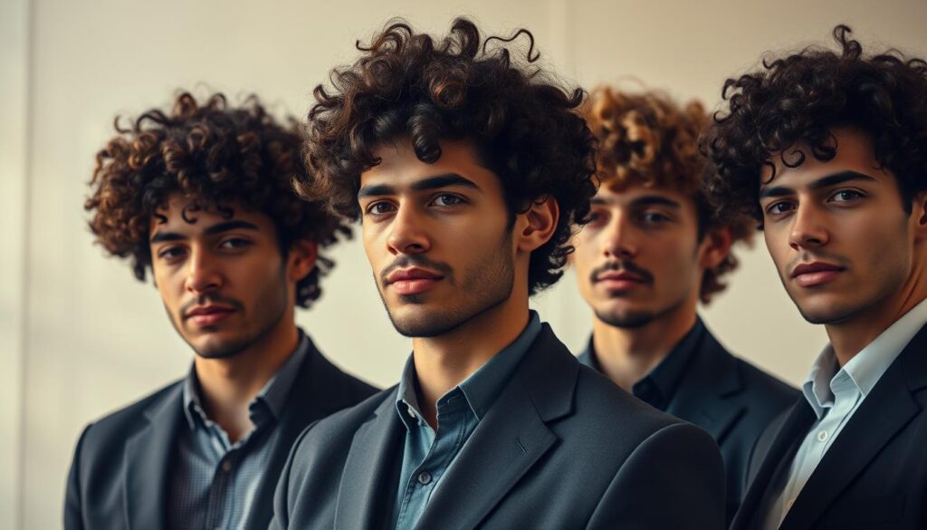 A stylish group of well-groomed men with luscious, bouncy curly hairstyles stand against a softly blurred, minimalist background. The lighting is warm and flattering, accentuating the texture and definition of their locks. Their expressions are relaxed and confident, showcasing the beauty and versatility of curly hair. The men are dressed in smart, casual attire, highlighting how curly hairstyles can elevate any look. The overall mood is one of effortless sophistication, inspiring viewers to embrace their natural curl patterns. A stylish group of well-groomed men with luscious, bouncy curly hairstyles stand against a softly blurred, minimalist background. The lighting is warm and flattering, accentuating the texture and definition of their locks. Their expressions are relaxed and confident, showcasing the beauty and versatility of curly hair. The men are dressed in smart, casual attire, highlighting how curly hairstyles can elevate any look. The overall mood is one of effortless sophistication, inspiring viewers to embrace their natural curl patterns.
