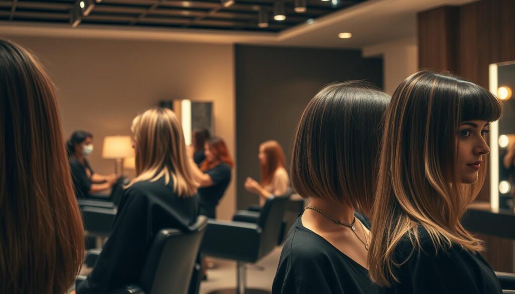 A stylish hair salon, dimly lit with warm, soft lighting, showcasing a variety of trendy hairstyles. In the foreground, vibrant locks of hair in various shades and textures, expertly styled into fashionable cuts like blunt bobs, layered shags, and sleek, side-parted looks. In the middle ground, sophisticated salon chairs and mirrors reflect the skilled hands of attentive stylists, capturing the essence of a modern, upscale establishment. The background features a minimalist, yet elegant decor, with muted tones and subtle textures, creating a serene and inviting atmosphere that embodies the latest hair cut styles.