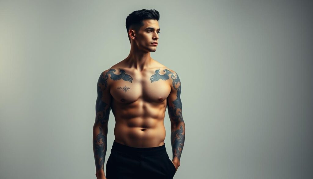 A stylish male figure posing in a sleek, minimalist studio setting. The subject's torso is prominently featured, showcasing a series of strategically placed tattoos that flow gracefully across the shoulders, chest, and arms. The lighting is soft and directional, creating subtle shadows that accentuate the contours of the body and the intricate designs of the ink. The background is a neutral, muted tone, allowing the tattoos to take center stage. The overall mood is one of confident, modern sophistication, capturing the essence of bold, expressive body art.
