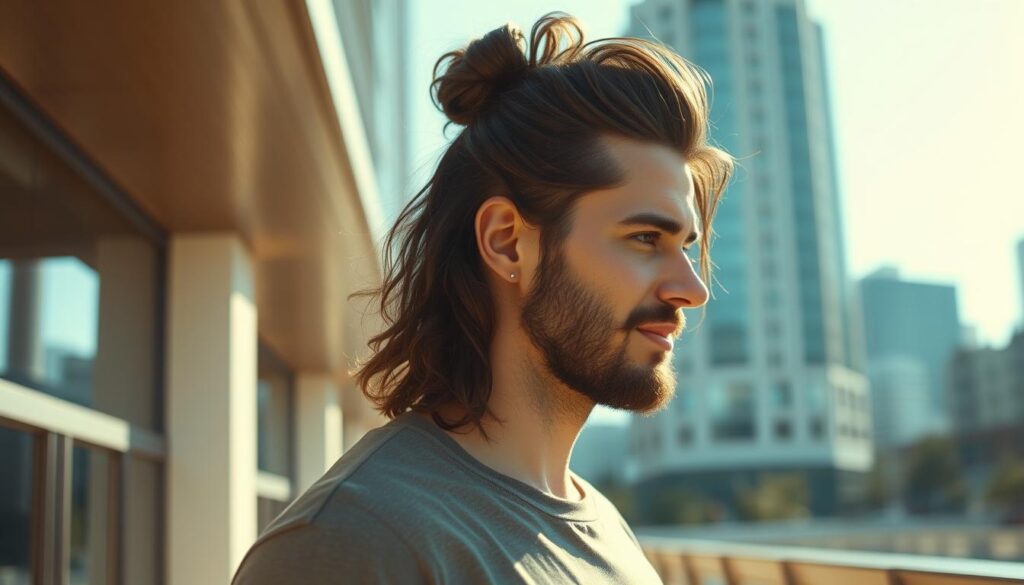 A stylish man with long, wavy hair styled in a well-groomed man bun, standing in a sunlit, modern urban setting. The man's hair is dark brown, and he has a neatly trimmed beard. He is wearing a casual, neutral-colored outfit that complements his hairstyle. The lighting is soft and natural, creating a warm, inviting atmosphere. The background features a blurred cityscape with tall buildings and a clear, blue sky, placing the man's hairstyle as the central focus of the image.