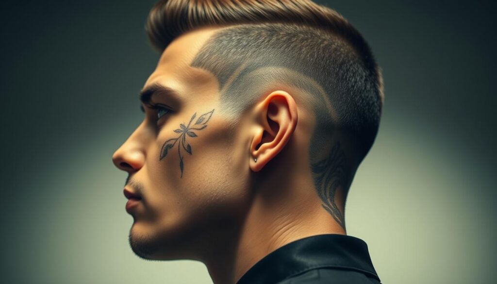 A stylish man's head in profile, with a bold, modern haircut showcasing intricate designs and patterns shaved into the sides. The lighting is soft and flattering, with a slight vignette effect to draw the eye to the detailed textures. The background is a blurred, minimalist studio setting, allowing the focal point to be the carefully crafted hairstyle. The overall mood is sophisticated and fashion-forward, capturing the essence of personalized, customizable haircuts that can elevate a man's look.