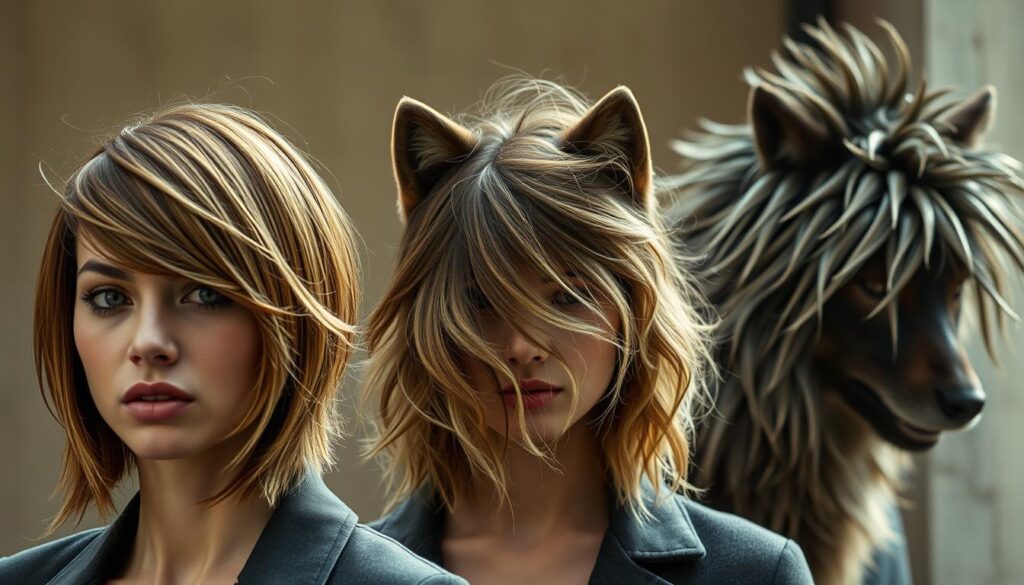 A stylish progression of wolf-inspired hairstyles, showcasing the evolution from classic shaggy layers to modern, textured iterations. In the foreground, a sleek, tapered wolf cut with wispy, feathered bangs and subtle highlights frames the model's face. In the middle ground, a fuller, more voluminous wolf-inspired style with tousled, messy waves cascades over the shoulders. In the background, a wild, untamed wolf cut featuring uneven, choppy layers and a hint of silver-grey accents creates a striking, untamed aesthetic. Soft, natural lighting casts a warm, moody glow, while a shallow depth of field draws the viewer's eye to the central hairstyles. The overall atmosphere evokes a sense of rugged, yet refined, style.
