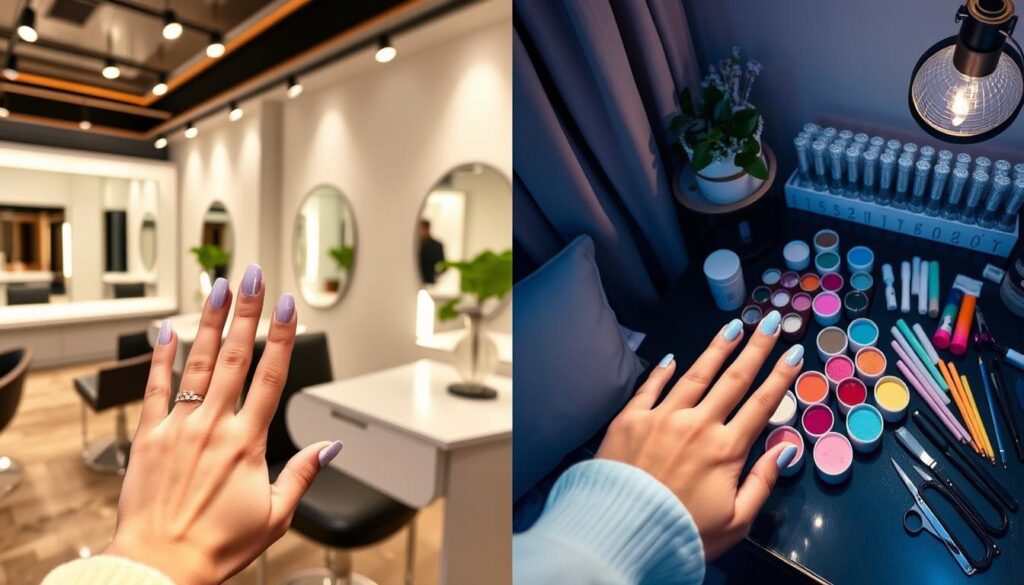 A stylish salon with modern nail stations showcasing dip powder manicures, contrasted with a cozy home setup featuring a range of dip powder colors and tools. Soft, directional lighting illuminates the salon scene, while the home setting has a more ambient glow. In the foreground, two hands demonstrate the dipping process, one in a salon and one at home. The backgrounds provide a sense of scale, highlighting the differences in professional and DIY dip powder experiences. The overall composition emphasizes the comparison between the elevated salon environment and the accessible home setup, inviting the viewer to consider the benefits and tradeoffs of each.