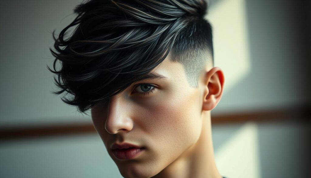 A stylish undercut hairstyle featuring short, closely cropped sides and longer, textured hair on top. The model has dark, wavy locks swept dramatically to the side, creating an edgy, modern look. Soft, directional lighting illuminates the intricate layers and contours of the cut, casting subtle shadows that accentuate the styling. The close-up portrait is set against a blurred, minimalist background, allowing the hairstyle to be the focal point. The overall mood is one of sophistication and contemporary flair, perfectly capturing the essence of the "Venturing into the World of Undercuts" section. A stylish undercut hairstyle featuring short, closely cropped sides and longer, textured hair on top. The model has dark, wavy locks swept dramatically to the side, creating an edgy, modern look. Soft, directional lighting illuminates the intricate layers and contours of the cut, casting subtle shadows that accentuate the styling. The close-up portrait is set against a blurred, minimalist background, allowing the hairstyle to be the focal point. The overall mood is one of sophistication and contemporary flair, perfectly capturing the essence of the "Venturing into the World of Undercuts" section.