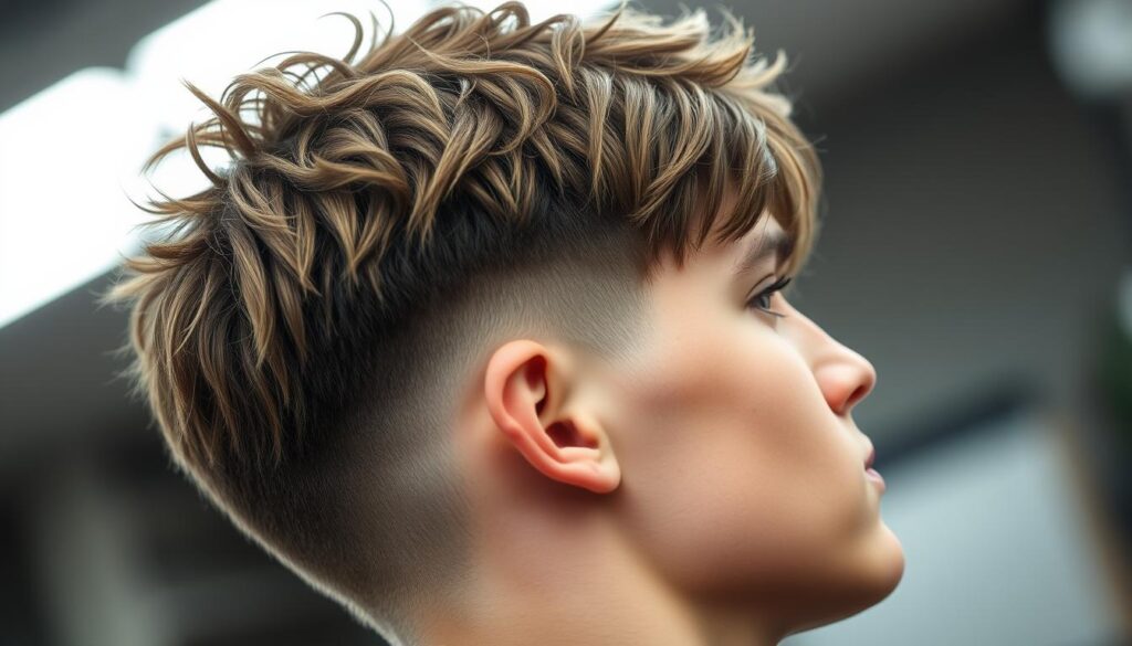 A stylish wolf cut with intricate textured layers, evenly distributed throughout the hair. The lighting is soft and diffused, highlighting the dynamic volume and subtle sheen of the strands. The focus is sharp, capturing the detailed structure of the haircut from a slightly elevated angle, creating a sense of depth and dimension. The overall mood is one of effortless sophistication, showcasing the versatility and style of this modern short hairstyle.